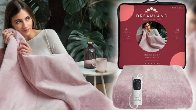 A woman holds the Dunelm Dreamland IntelliHeat Velvet Plush Heated Throw, next to an image of the throw folded and its packaging