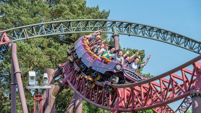 People riding a rollercoaster at Alton Towers.