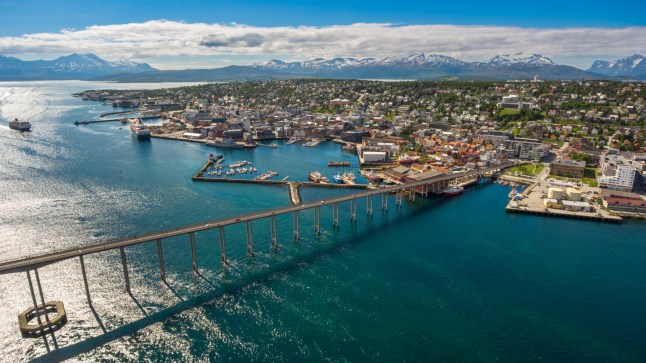 Bridge of city Tromso, Norway aerial photography. Tromso is considered the northernmost city in the world with a population above 50,000.